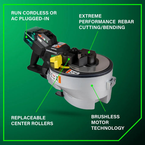Badass Cordless Rebar Bender and Cutter Crushes Heavy Steel Tasks Fast Using One Brushless Motor and 36V Multivolt Battery, showing features of portable rebar cutting and bending tool.