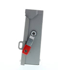Side view of 2P 60A 240V general duty outdoor non fusible safety switch with visible blade and quick make quick break action