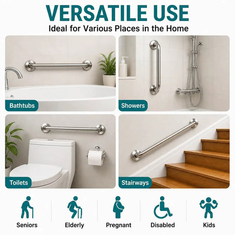 3 Pack Wall Mounted Grab Bars for Shower and Bath in various settings: tub, shower, toilet, and stairs, stainless steel, 16 inches.