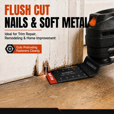 Fifty Piece Bimetal Oscillating Multi Tool Blades For Wood And Plastic Demolition Work Built Like A Tank Heavy Duty Replacement Saw Accessories With Knockout Durability cutting nails in wooden trim.