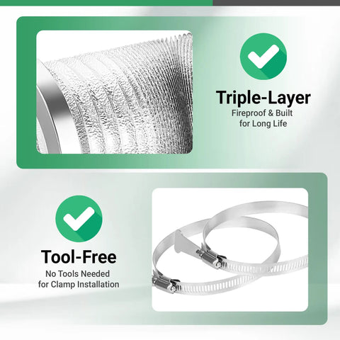 Triple-layer aluminum duct and clamps for Magnetic Dryer Vent Connector Kit With 4 Inch Hose And Magnetic Coupling Aluminum Duct