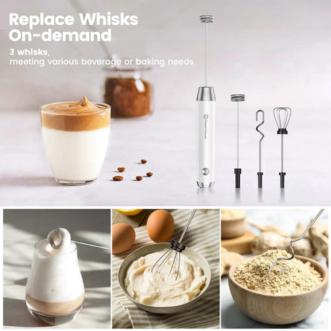 Rechargeable Milk Frother With 3 Heads, USB C Handheld Foam Maker, Waterproof Detachable Stainless Steel Whisk, Stand Included, Electric Drink Mixer For Lattes And Cappuccinos, Rich Foam Anytime