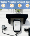 Built Tough Aluminum EV Charger Cover And All Weather Sun Shield For Wall Mounted Electric Vehicle Stations protecting charger from sun, rain, and snow.