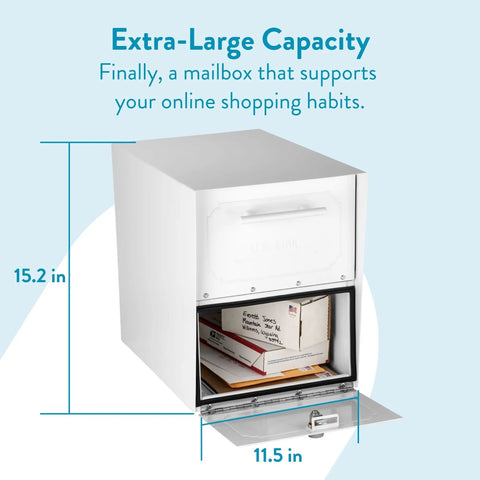 Oasis Classic Large High Security Parcel Mailbox for Outdoor Use open showing large package space, dimensions labeled