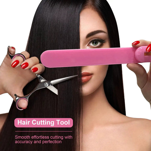 Game Changing DIY Haircutting Kit For Home Use Including Ultra Slick Hair Scissors Split Ends Trimmer And Precision Bangs Clips, showing scissors and pink tool held for cutting hair.