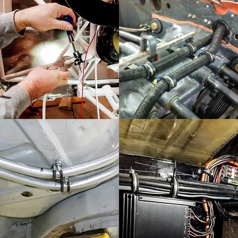 Person using a tool on pipes secured with Top Shelf 20 Pack 1 Inch Stainless Steel Cable Clamps With Thick Rubber Cushioned Grip.