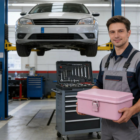 Technician holding a Badass Pink Metal Toolbox With Reliable Locking Latch Built Tough for garage use and repairs.