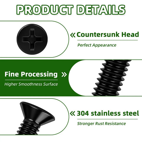 Heavy Duty Flat Countersunk Machine Screws Phillips Drive Hella Tough 304 Stainless Steel Corrosion Proof Black Finish One Hundred Piece Gear Up Kit With Driver Bit showing countersunk head and smooth surface.
