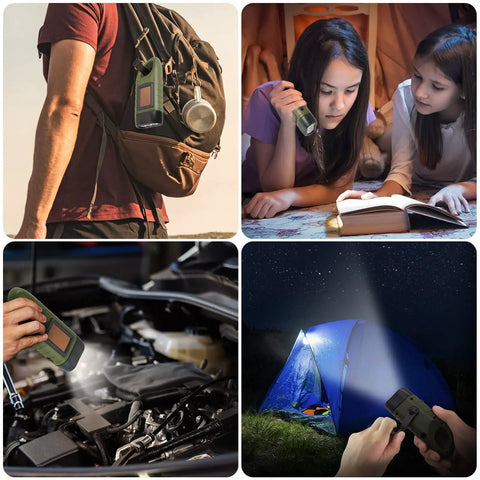 Two Pack Hand Crank Solar Powered Flashlights for Emergency Use outdoors, reading, car repair, and camping scene