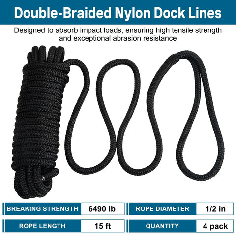 Four Pack Half Inch By Fifteen Foot Boat Dock Lines With Pre Spliced Twelve Inch Eyelet Black Marine Grade Double Braided Nylon