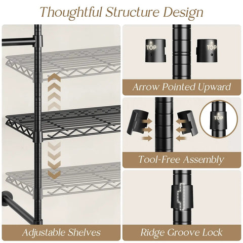 Ultimate Wall Mounted Closet Organizer Game Changer With Hefty Industrial Pipe Build 2 Telescopic Hanging Bars 5 Big Shelves 3 Solid Hooks And Pant Presser For A Smooth Bedroom Space Optimization Hack showing adjustable shelves and assembly features.