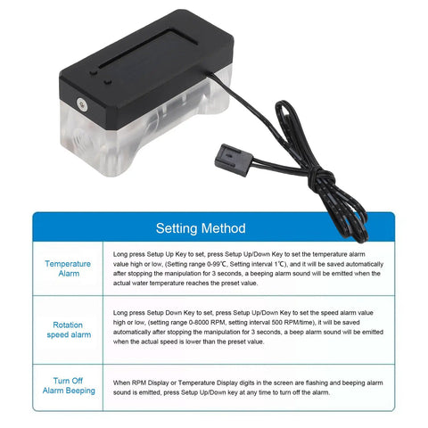 Inline PC Water Cooling Flow Meter With OLED Display, shown with cable and setup instructions, monitors flow rate and temperature.