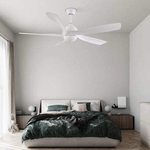 Ceiling Fan Light with Handheld Controller, 6 Wind Speeds, 3 Light Color in a modern bedroom design, featuring a white finish.