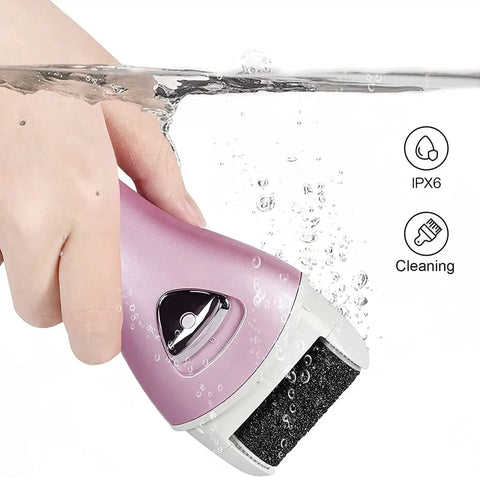 Cordless Rechargeable Electric Foot File And Callus Remover For Stubborn Dead Skin Care in water, showcasing IPX6 waterproof design.
