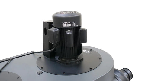 Close-up of the motor unit of a 2 HP 220V HEPA Cyclone Premium Beast Dust Collector With Quiet Swing Away Doors LED Drum Full Indicator Acoustic Foam Insulated Cabinet High Capacity Dust Collection For Hobbyist And Shop Use.