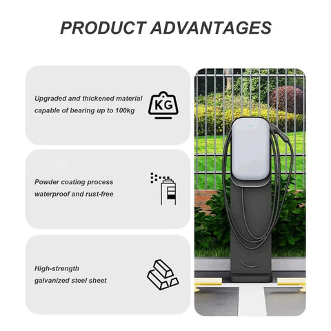 Rock Solid Universal EV Charger Mounting Post with Heavy Duty Freestanding Pole Stand made of galvanized steel in a garden.