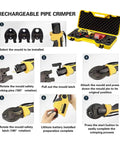 Power Up Plumbing Press Tool Kit with Battery Powered Hydraulic Pipe Press Tool for Copper Pipes includes 2 Batteries and 3 Jaws shown with step-by-step use instructions.