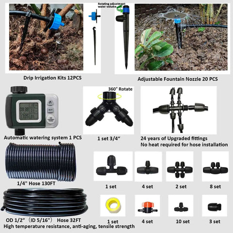Smart Drip Irrigation Kit With Water Timer, 162 Feet System, 5/16 Inch ID And 1/4 Inch Pipe components overview