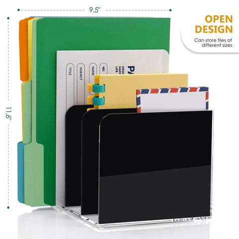 Clear Acrylic Desk Organizer With 3 Vertical Compartments For Files Magazines And Folders Desktop File Holder And Document Sorter Bookend Style Rack For A Must-Have Home Office Setup Black Finish holding colorful folders