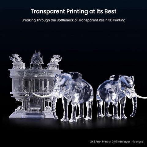Straight Up Beast Mode 16K Resin 3D Printer Fully Loaded With Precise 385Nm UV Light To Create Crisp Transparent Pieces Without Any Print Problems featuring clear elephant models and intricate architecture.