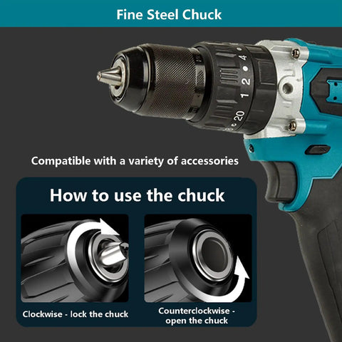 Close-up of fine steel chuck on Badass Brushless Cordless Drill And Heavy Duty Screwdriver Kit with instructions for use.