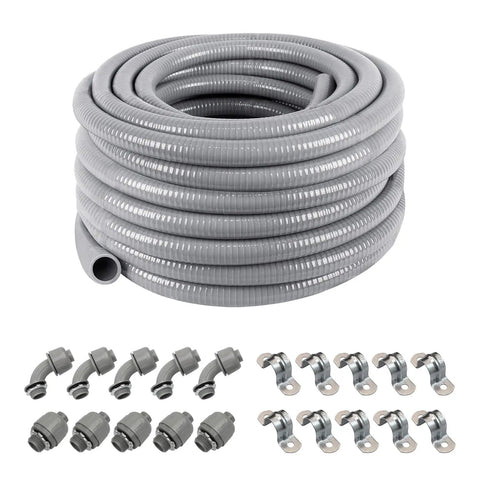 Coiled Half Inch Flexible PVC Electrical Conduit Kit 50 Feet Liquid Tight with Five Couplings, Five Elbows, and Ten Straps for HVAC
