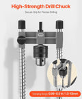 Pro Grade Multi Angle Drill Guide Jig For Woodworking Portable Precision Drilling Guide With 45 Degree 60 Degree 75 Degree 90 Degree Settings Aluminum Alloy Build Large Handle Mounting Holes For Accurate Angled Or Straight Holes showing high-strength drill chuck and clamping range diagram.