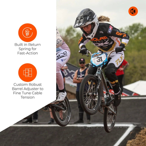 Cyclist using Genius BMX Short Reach Brake Lever With Lock On Clamp Adjustable Reach For Precision Control And Safety on race track