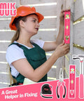 Woman using pink level tool from Cordless 3.6V Electric Screwdriver Tool Kit With 112-Piece Set, Lightweight Power Drill For DIYers.