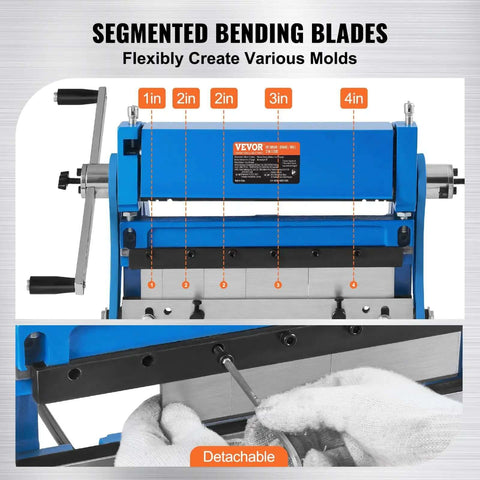 12 Inch 3 In 1 Sheet Metal Shear Brake Roll Machine for Home Shop with detachable segmented bending blades, DIY metal fabrication tool