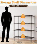 Built Like A Brick 4 Tier Wire Shelving Unit With Locking Heavy Duty Casters And Adjustable Metal Shelves Beast Mode 1000 Pound Capacity Storage Rack For Garage Shop Warehouse dimensions display with shelf weight labels.