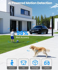 AI powered motion detection scene with a dog, child, and car outside a modern home, illustrating alert accuracy.