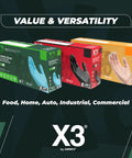 Boxes of nitrile gloves in various colors labeled for food, home, auto use featuring Black Nitrile Disposable Gloves 3 Mil Powder Free Large