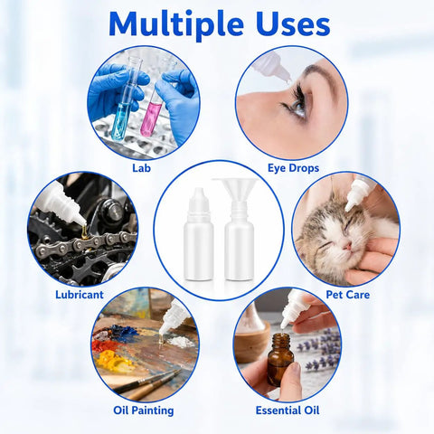 Multiple uses of No Sweat Refills With This Five Piece Pack Featuring Four White 15ml Plastic Dropper Bottles Plus One Quick Pour Funnel.