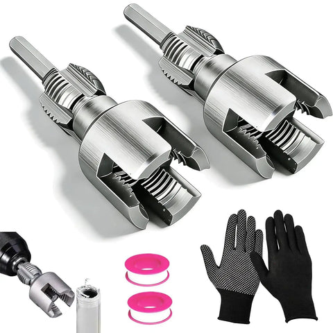 Two Piece Internal And External Pipe Thread Cutting Tool For Plastic PVC Pipes One Half Inch To Three Quarter Inch Fits Electric Drill For Easy Home Repair And Fast DIY Pipe Work, including gloves and sealing tape.