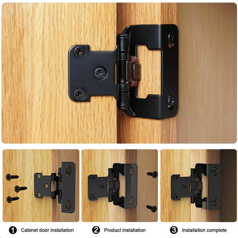 Matte Black Self Closing Cabinet Hinges 32 Pack Soft Close Door Hardware Semi Hidden Steel Build shown in installation steps.