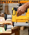 Kickass Cordless Brad Nailer And Staple Gun Combo Set Featuring 20v Power Compatibility displaying safety features on wooden surface.