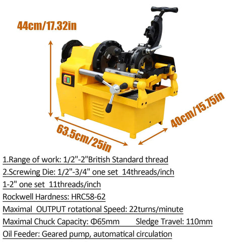 Built Different Heavy Duty Electric Pipe Threader Threading Machine With Self Oiling System And NPT BSP Dies For Precision Threading Trimming And Cutting 220V Power Beast side view with operational controls and dimensions