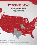 Map of the USA showing state smoke alarm requirements with highlighted areas indicating regulations. It's the law.