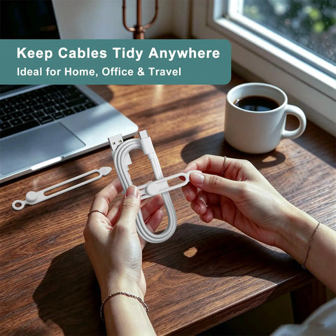 Reusable Silicone Cable Ties 20 Pack Boss Level Desktop Cord Organizers With Secure Snap Lock And Stretchy Loop Wraps To Keep Charging Cables Snug And Straight Up Tidy in use with a hand holding a wrap on a wooden desk near a laptop.