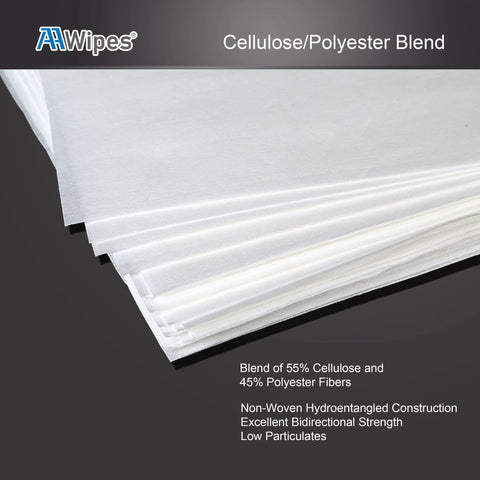 AAwipes Cleanroom Wipes, white nonwoven sheets; cellulose/polyester blend (55% cellulose, 45% polyester).