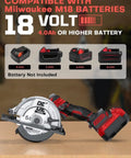 Six Inch Cordless Mini Circular Saw With Brushless Motor And 5900 RPM Blade Compatible With Milwaukee M18 Battery on wooden surface with batteries.