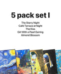 Front view of a 5-pack microfiber cleaning cloths set with classic art prints