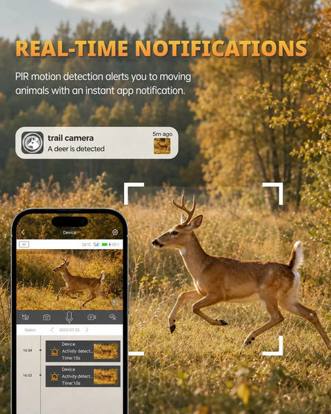 Kickass Solar Powered 4G LTE Cellular Trail Camera With Built In Prepaid Sim Instant Photo Alerts Smart AI Wildlife Tracking display showing deer detection.