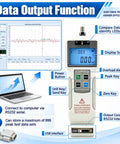 Digital Force Tester For Tension And Compression Testing Boasting Rock Solid Heavy Duty Design And Hella Accurate Pull Or Push Readings For No Hassle Quality Control Inspections, showing data output interface and functions.