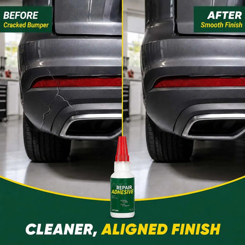 High Strength Auto Bumper Repair Adhesive Quick Cure Formula shown repairing cracked plastic trim for smooth, aligned finish.