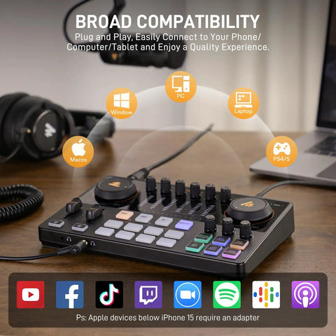 Slick Podcast Bundle for Two with E2 Gen2 Mixer and Dual XLR Dynamic Mics Noise Reduction USB Plug Play Streaming Kit for YouTubers Streamers and Vloggers Desktop Recording showing audio interface with controls and connections.