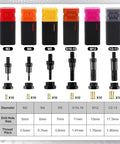 Front view of a 6-piece rivet nut mandrel set with color-coded caps (M3, M4, M5, 5/16-18, M12, 1/2-13)