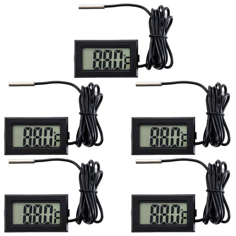 Five Piece Digital LCD Fridge Thermometer Set With Probes Fahrenheit Only Water Temperature Monitoring Minus 50F To 230F Range Easy Readout Kitchen Gadget For Your Fridge At Home, shown with each display and probe visible.