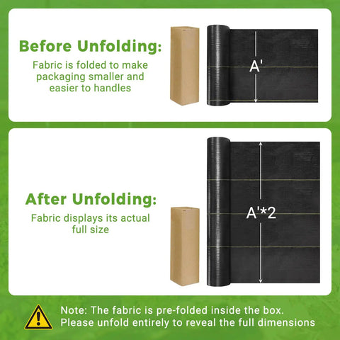 Before and after unfolding Six Foot By Three Hundred Foot Premium Weed Barrier Landscape Fabric showing package and full size